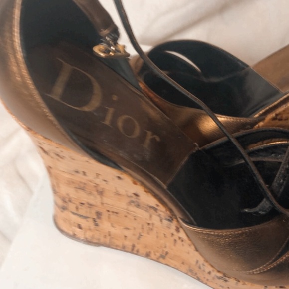 Dior wedged shoes 7.5 37.5 bronze gold gloss cork wedge authentic - Picture 10 of 16